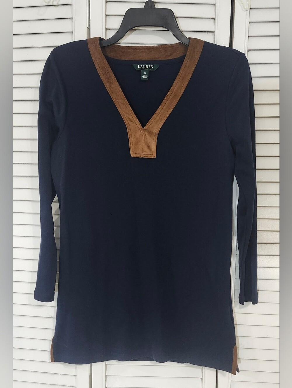 Lauren Ralph Lauren Navy Top with Brown Suede Trim